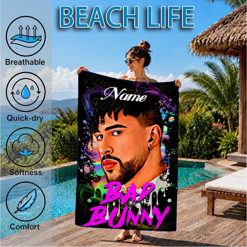 Custom Name Beach Towel Heart Bad Bunny Journal Microfiber Beach Towel, Lightweight for Summer Travel, Swimming Pool Fan Birthday Gift