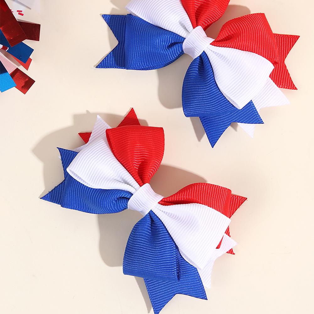 2Pcs USA Flag Bow Hair Clip Ribbon Patriotic American Flag Design Red White Blue Bow Barrettes For 4th Of July Party Accessories