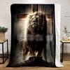 Lion Cross Religious Blanket  Printed Blanket for Living Room Bed Couch lunch break Soft Cozy Blanket for Friend's festival Gift