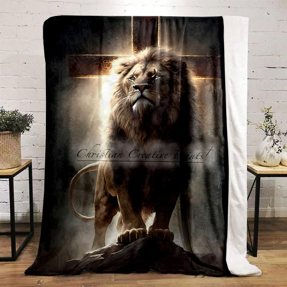 Lion Cross Religious Blanket  Printed Blanket for Living Room Bed Couch lunch break Soft Cozy Blanket for Friend's festival Gift
