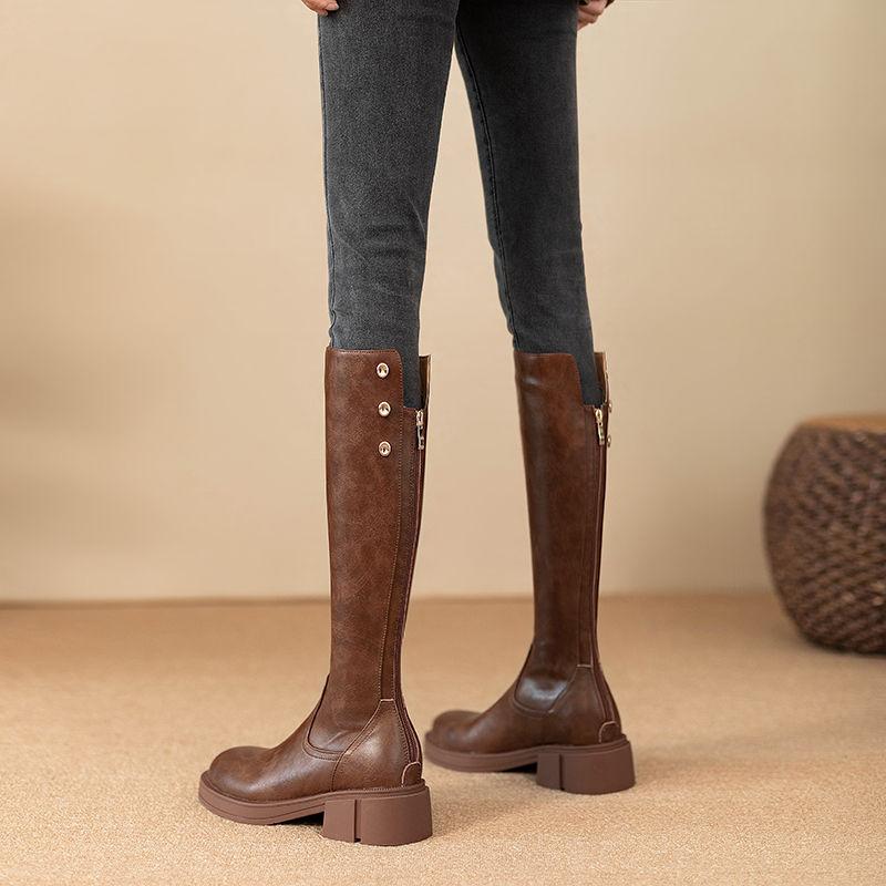 Fashion Middle Heel Leather Round Toe Long Boots for Women Autumn Winter Chic and Elegant Fashion 2025 Sale Knee High Shaft Shoes Woman