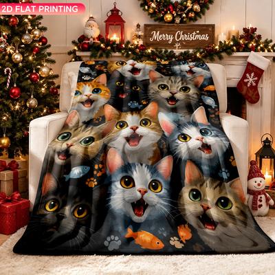 Blanket 1pc Happy Smiling Cats Painting 2D-Printed Flannel Throw Blanket - Soft And Cozy Suitable for Use On The Sofa While Travel