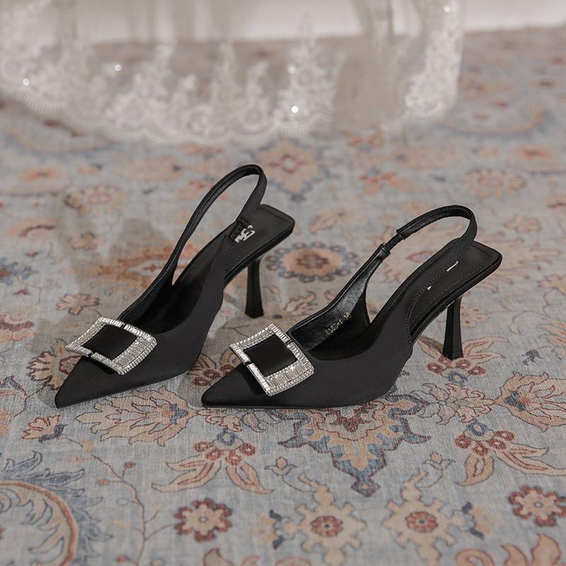 Black Bag Head Sandals Women's 2025 New Rhinestone Pointed Heel Back Strap 100 Matching Skirt Rear Empty High Heels