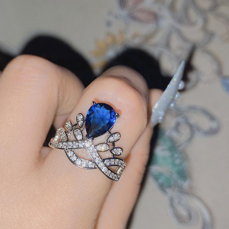 2026 Colored Treasure New Product, Pear-shaped Water Drop Personalized Yellow Diamond Crown Ring Women, Fashionable Light Sea Blue Treasure Diamond