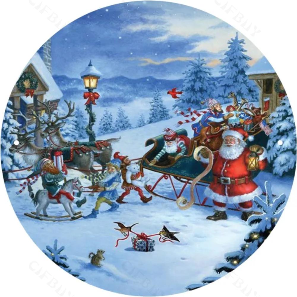 Round Metal Tin Sign Art Painting Wreath Decorative Plates Cartoon Snowman Christmas Poster for Home Garden Garage Wall Decor