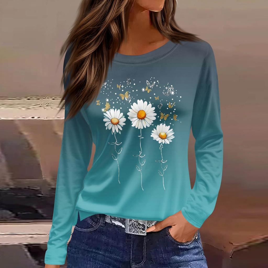 Women's Fashion Casual Slit Hem Round Neck Long Sleeve Loose  Printed T-Shirt Ladies Top