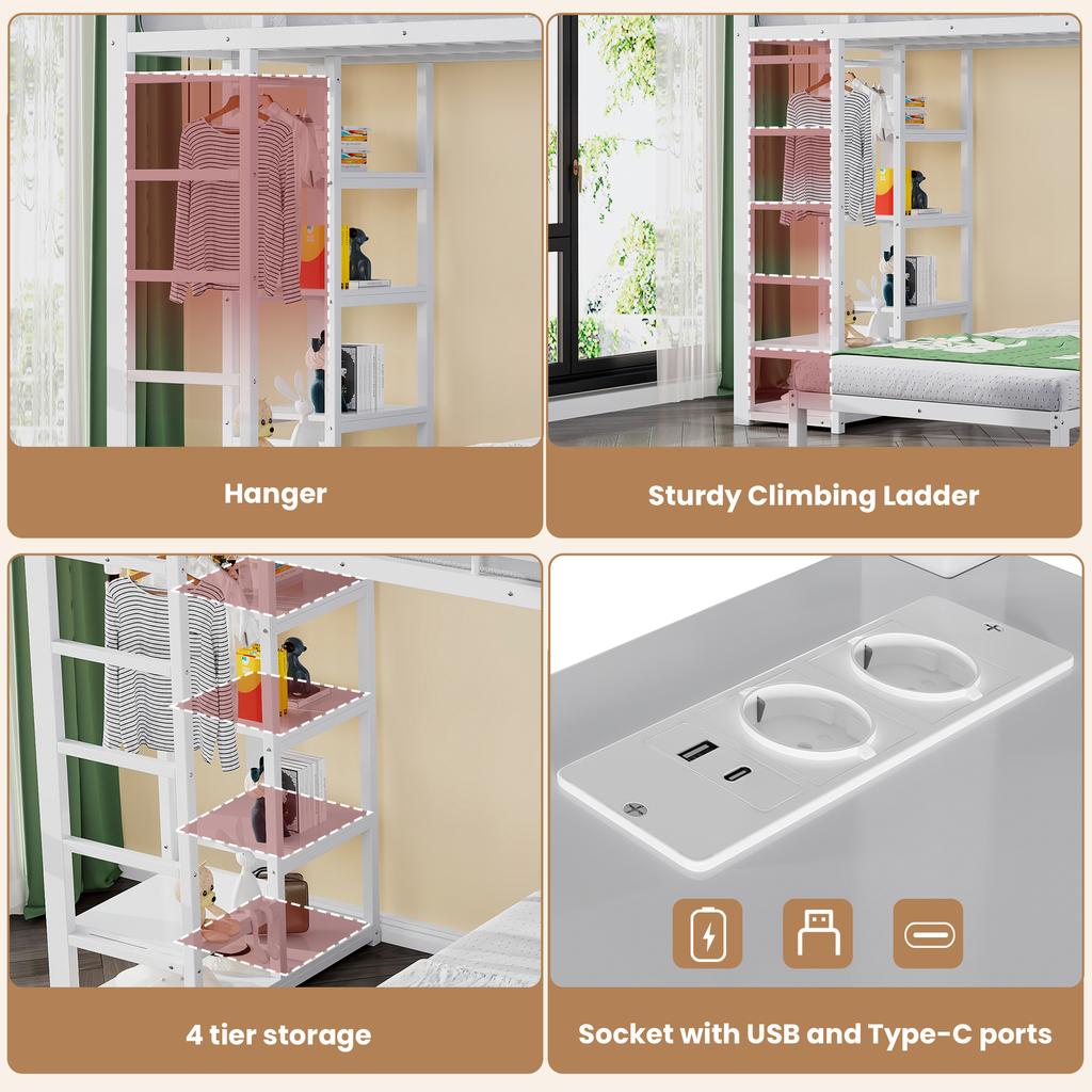 Two Sleeping Places, Loft Bed, Iron Frame, 90 x 200 cm, Desk, Socket USB and Type-C Port, Shelves, Clothes, EN747 Certified, Without Mattress, White