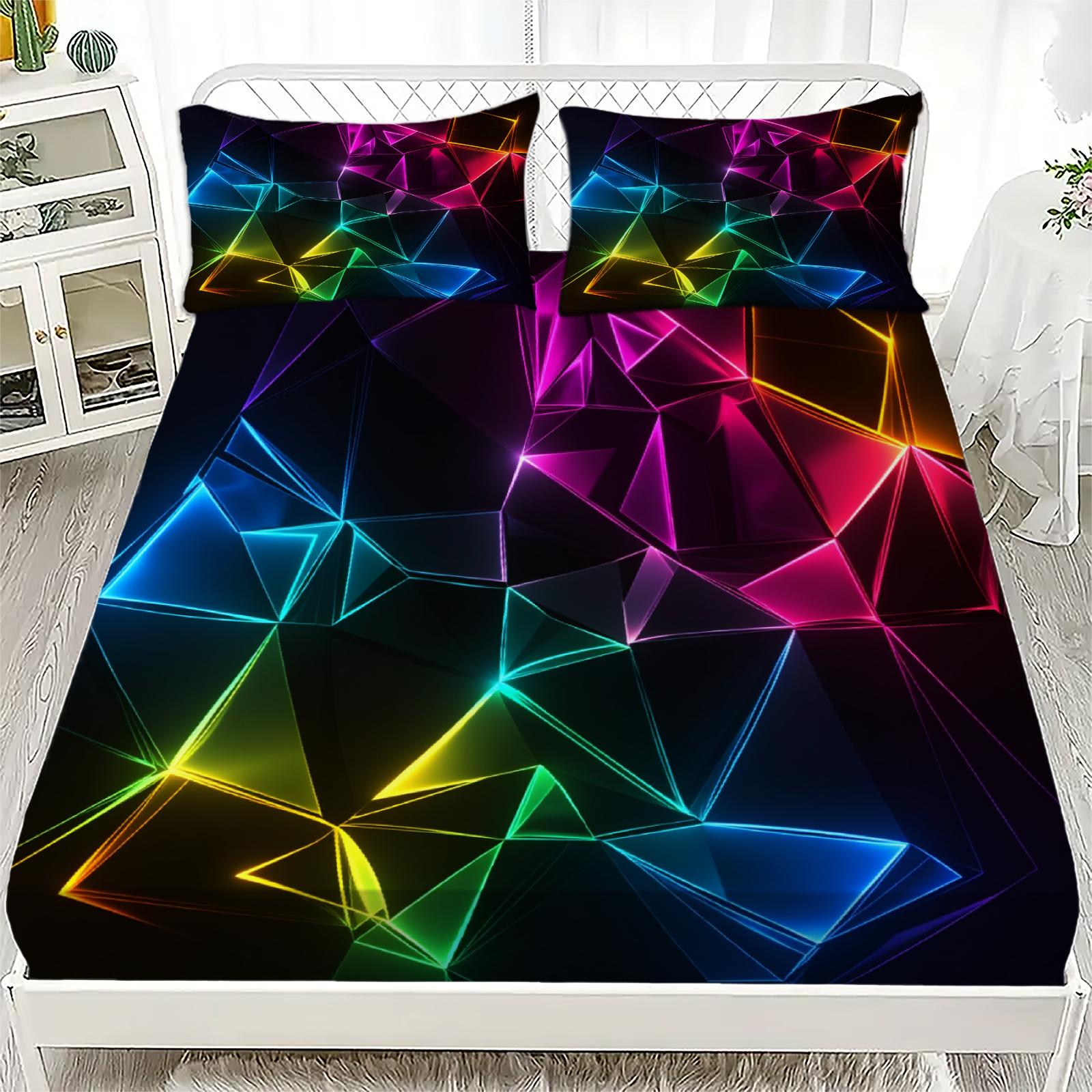 

3pcs Geometric Pattern Flat Sheet 3D Printed Neon Colors Fitted Sheet Sets With Pillowcases No Filling Cool Visual For Teen Boys 200x220x25cm