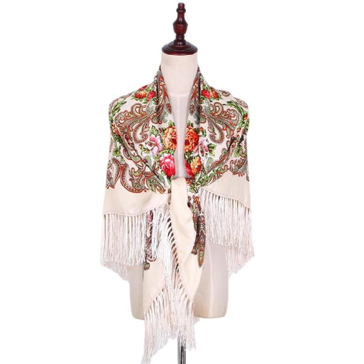 

Traditional Islamic Cotton Head Cover Floral Embroidery Shawl Decorative Fringe Kerchief Unisex Multi Purpose Scarf 130x130cm бежевий