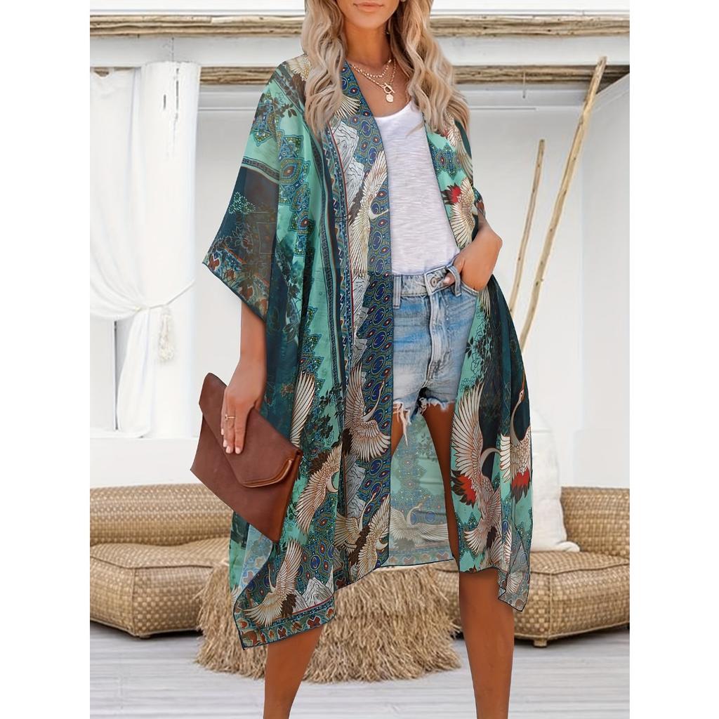 Dam Boho Chiffon Kimono Kofta, Öppen Framtill, Strandöverdrag, Casual Semesterstil, Ytterkläder för Solskydd