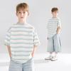 Mucmukn Kids' Blue & White Stripe Bear Embroidered Short Sleeve T-Shirt