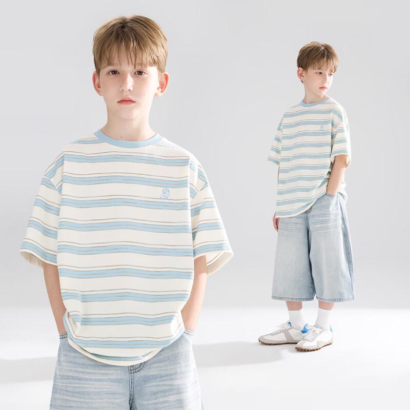 Mucmukn Kids Blue & White Stripe Bear Embroidered Short Sleeve T-Shirt 110CM