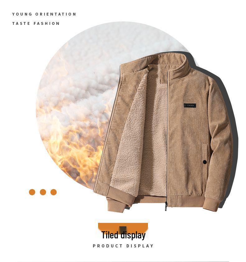 Men's High-End Fleece-Lined Corduroy Jacket - Loose, Casual, Warm Outerwear for Autumn and Winter.