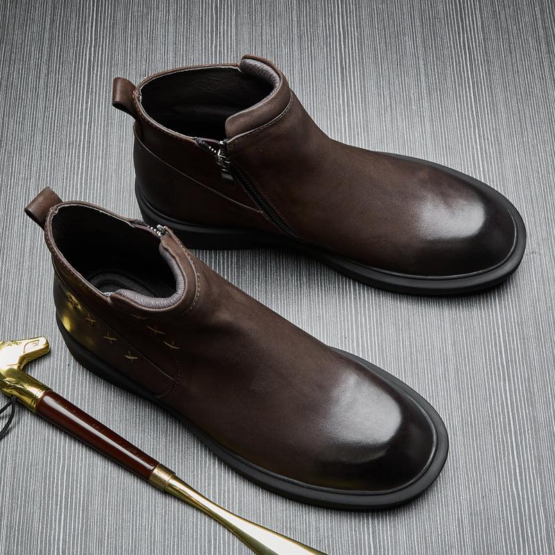 Casual Chelsea Boots Men'S Medium Help Tooling Short Boots British Retro Leather Martin Boots Versatile Cowhide Boots Men'S