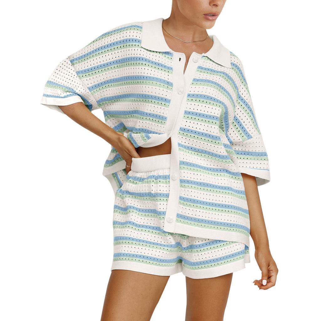 Knitted Women Two Piece Shorts Outfits Loungewear Suits Stripe Contrast Color Button Crochet Tops and Shorts Matching Sets