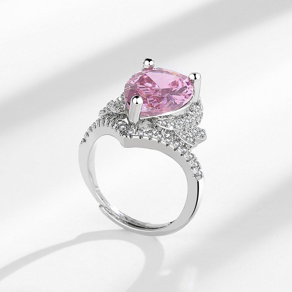 Copper Luxury Dream Droplet Pink Diamond Zircon Crown Ring Wedding Jewelry