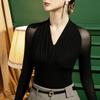 New Spring and Autumn Season Temperament Commuting Simple Sexy V-neck Mesh Slim Fit Solid Color Women's Versatile T-shirt