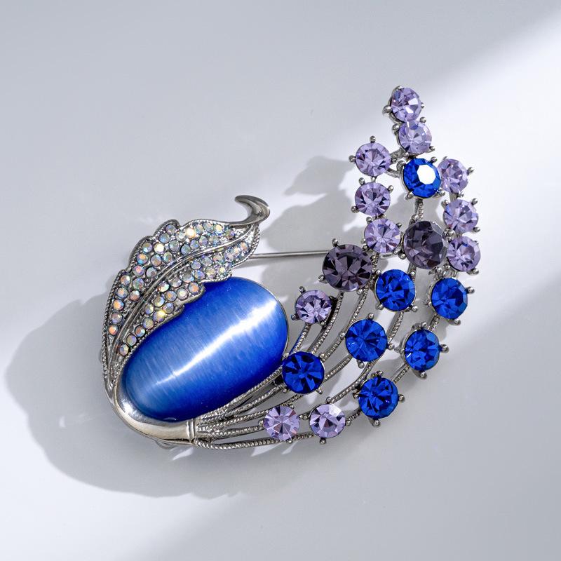 Crystal Cat s Eye Stone Phoenix Flower Brooch - Luxury Coat Accessory