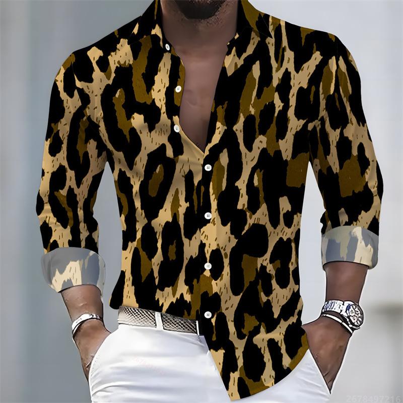 Men's Leopard Print Long-sleeved Shirt, Trendy Retro Slim-fit Turn-down Collar Casual and Stylish Men's Shirt, Sizes