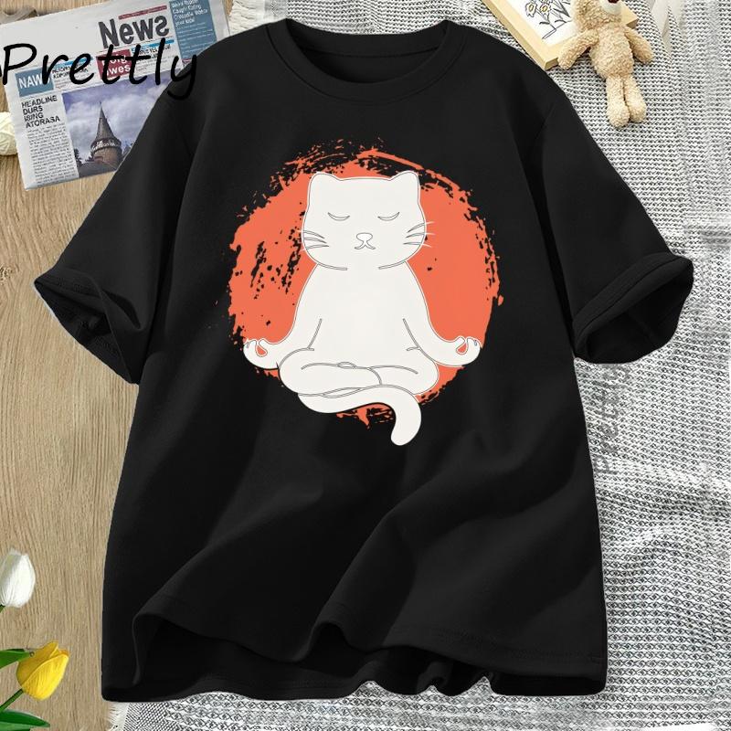 Yoga T Shirt Funny Cat Yoga TShirt Women Cotton Round Neck Short Sleeve Tshirt Casual Loose Graphic T Shirts Women Clothing