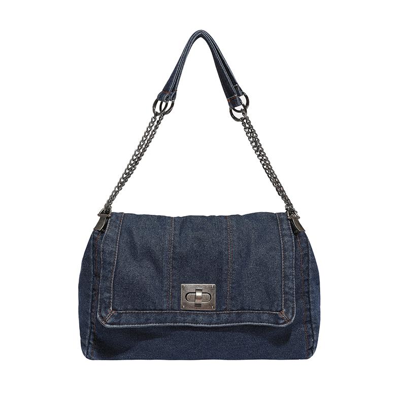 Vintage Denim Bag Women's Chain Shoulder Bag Large Capacity Commuter Tote Bag