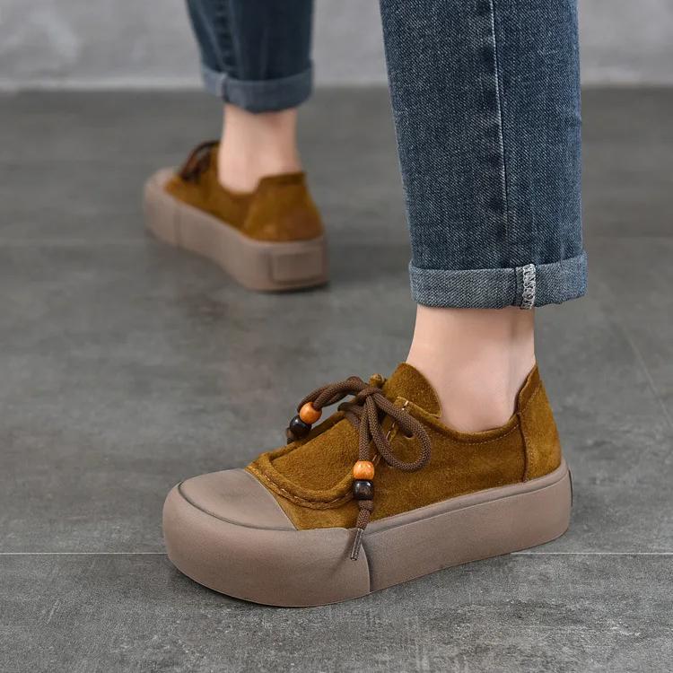 Johnature Genuine Leather Thick Sole Women's Shoes Round Toe Lace-up Versatile Casual Flat Platform Shoes