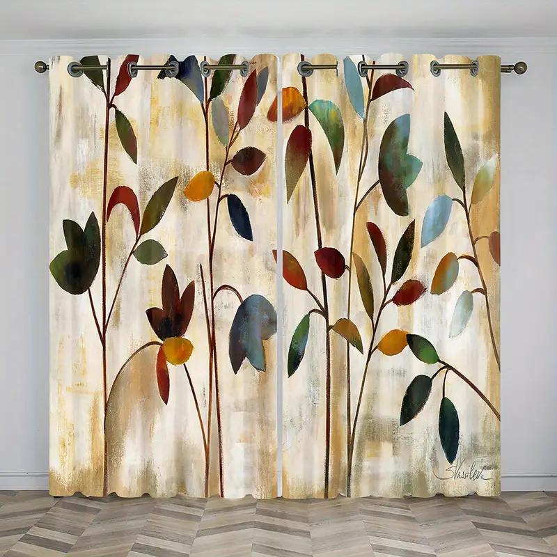 2 Curtains, Watercolor, Plant Leaves, Door Rings, Thermal Noise reduction art, Elegant and Multifunctional Fabric, Met