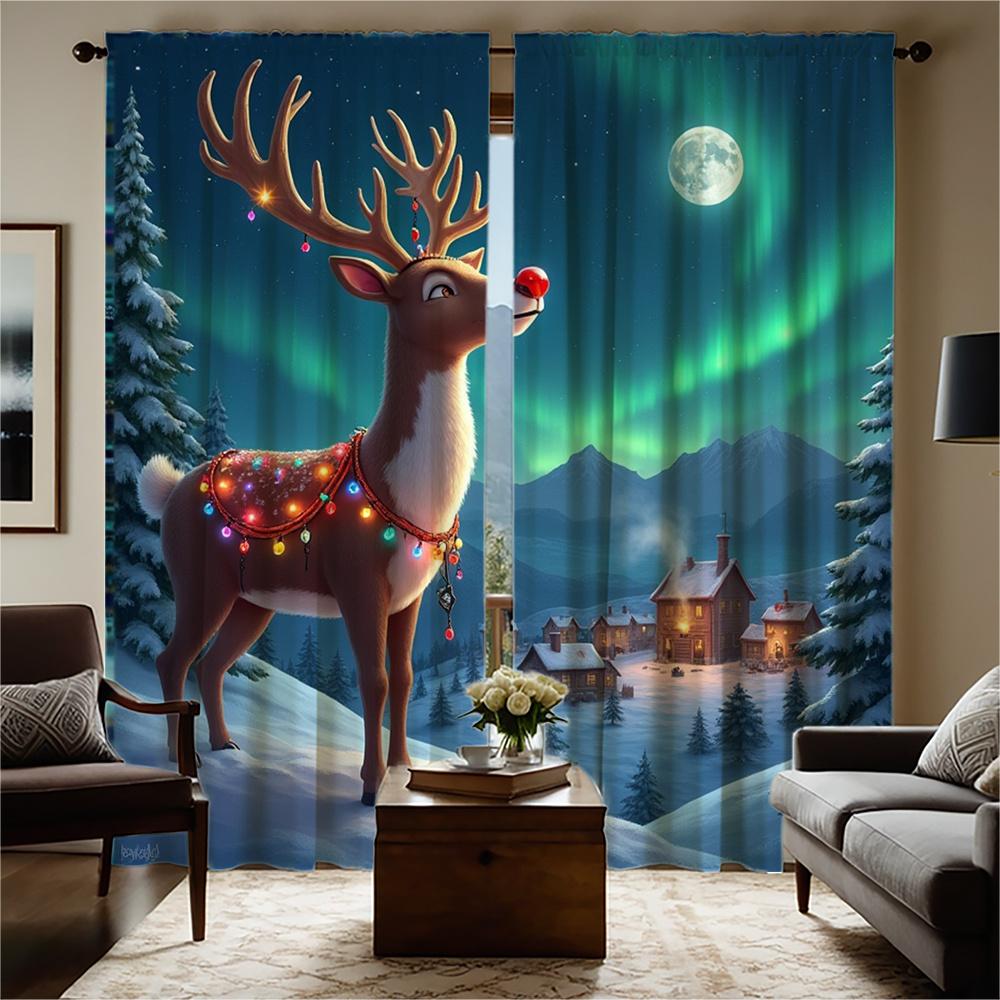Festive Christmas Reindeer Snow Forest Printed Curtains High Definition Digital Print Green Scarf Red Hat Design Se Curtain Set Of 2 Made Polyester