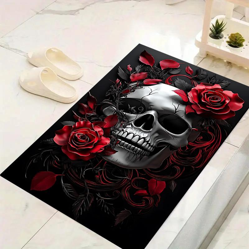 1Pc Skull Roses Artwork Rug, Office Carpet Indoor Outdoor Doormat, Non-Slip, Comfortable, Living, Christmas Halloween,  Xmas Gift G1315