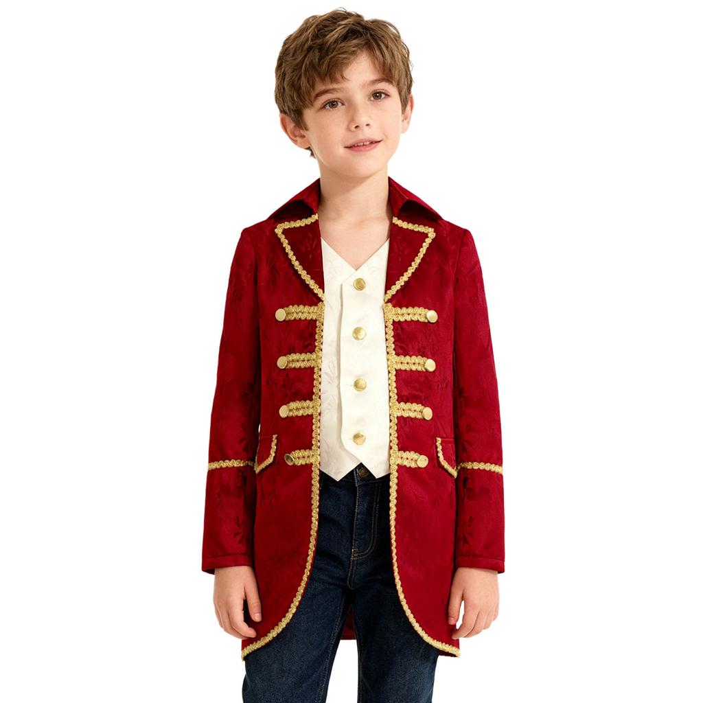 Traje Medieval Vitoriano para Meninos Manga Longa Acabamento Dourado Jaqueta Falsa de Duas Peças Casaco Steampunk Gótico