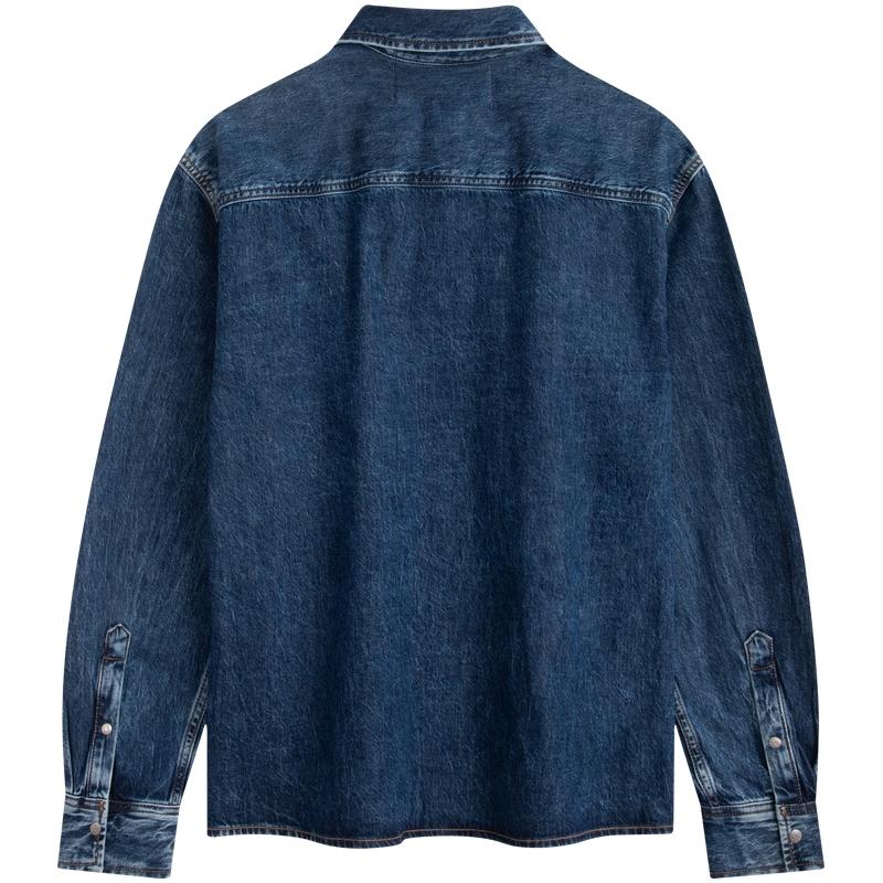 Calvin Klein Minimalist Pocket Distressed Loose Denim Long Sleeve Shirt Men shirts Denim-Blue J325558