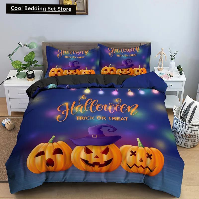 Happy Halloween King Queen Duvet Cover Orange Pumpkin Bedding Set Kids Teens Adults Bats Horror Festival Polyester Quilt Cover