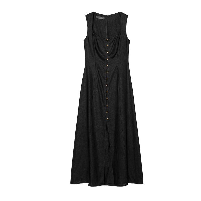 Summer Women's Clothing Decorated Row Button Slit Hemline At Hem Sleeveless Square Collar Linen Blend Midi Skirt Dress 6962029