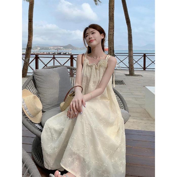 Women s Summer 2026 Embroidered Jacquard Spaghetti Strap Maxi Dress - Sweet First Love Vacation Style 2XL