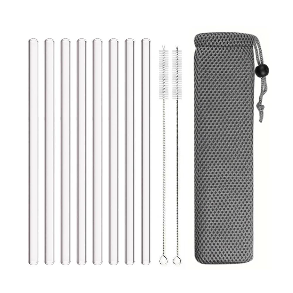 8mm High Borosilicate Glass Straw 3/5/10/11Pcs Reusable Eco Friendly Drinking Straws Set Bubble Tea Smoothies Bar Accessories