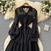 Women's Casual Dresses - Spring Autumn Women Vintage Draped Long Maxi Dress A Line Single Breasted Long Sleeve Turn Down Collar Red Green Purple