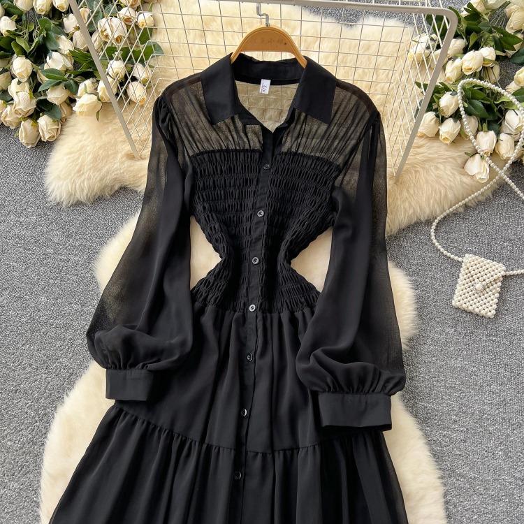 Women's Casual Dresses - Spring Autumn Women Vintage Draped Long Maxi Dress A Line Single Breasted Long Sleeve Turn Down Collar Red Green Purple