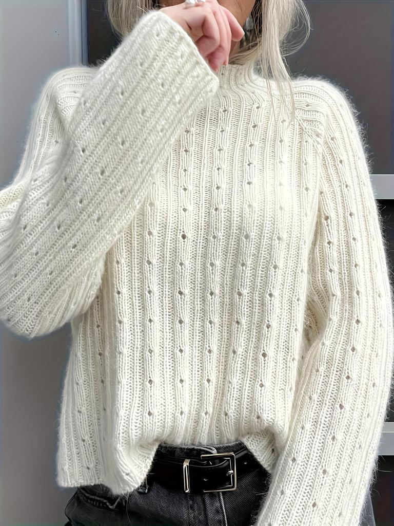 Women's Slim Fit Hollow Knit Long Sleeve Pullover Sweater with Half High Collar