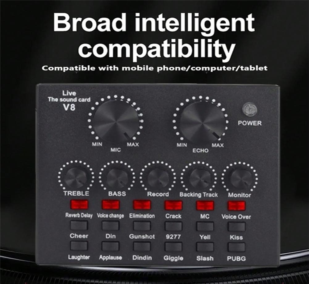כרטיס קול V8 לשידור חי KTV, כרטיס קול כפול לטלפון נייד, מתאים לטלפון נייד, מחשב, כרטיס קול חיצוני (לבן שחור)