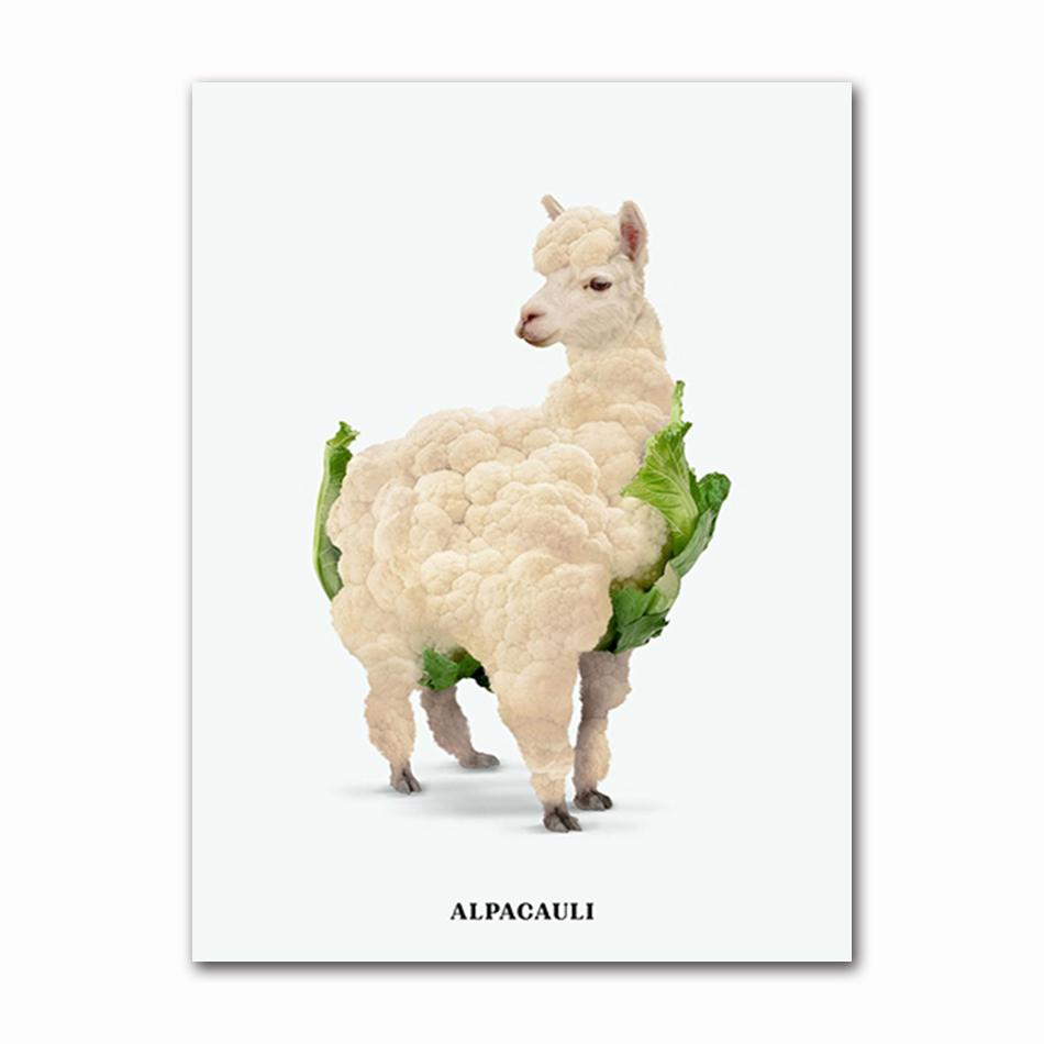 Funny Fruit Animal Poster, Kitchen Canvas Painting, Garlic, Goose,Cauliflower, Sheep Wall Picture, Living Room Decor
