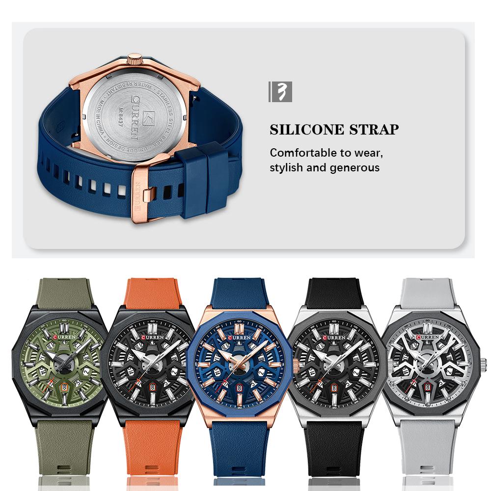 CURREN 8437 Luxury Fashion Casual Design Quartz Watch Luminous Hands Silicone Strap Wristwatches for Men's Montre Relojes Homme