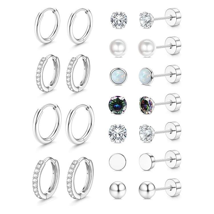 Kolip Hypoallergenic Stud Hoop Earrings for Women, Stainless Steel Earrings for Sensitive Ears серебряный