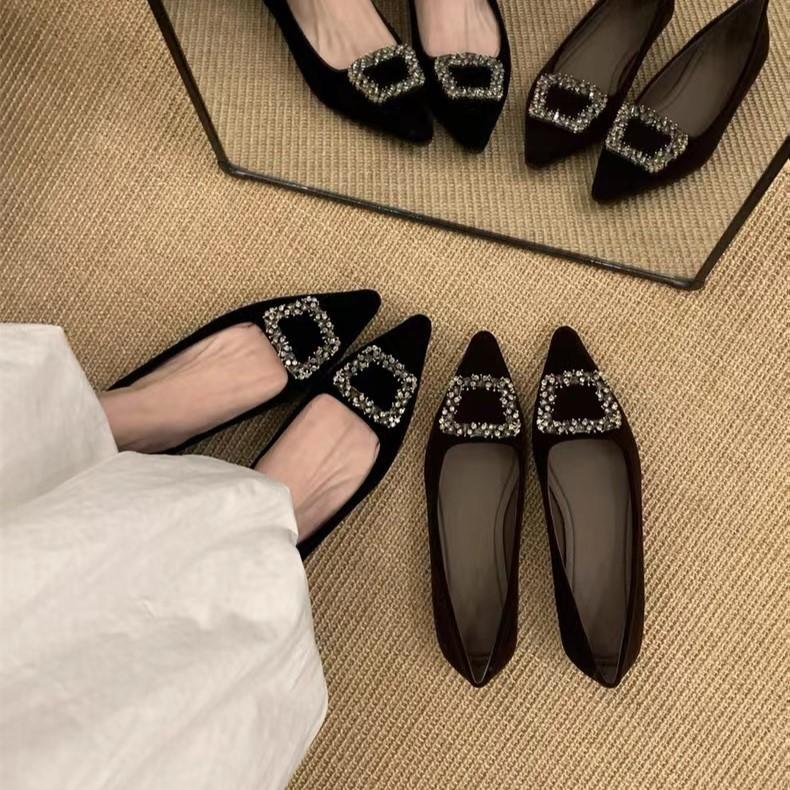 Retro Evening Wind Square Buckle Rhinestone Single Shoes Shallow Mouth Shoes French Shoes Autumn 2025 New One-pedal Temperament Women's Shoes