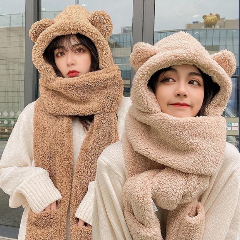 New Cute Bear Ear Hat Scarf Gloves Set Winter Women Beanies Caps Warm Plush Fleece Casual Solid Hats Kawaii Present
