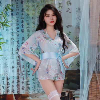 Sexy spodní prádlo Japonský sexy kardigan Třídílné pyžamo Velká velikost Kimono set Sladká mašlička Perspektiva