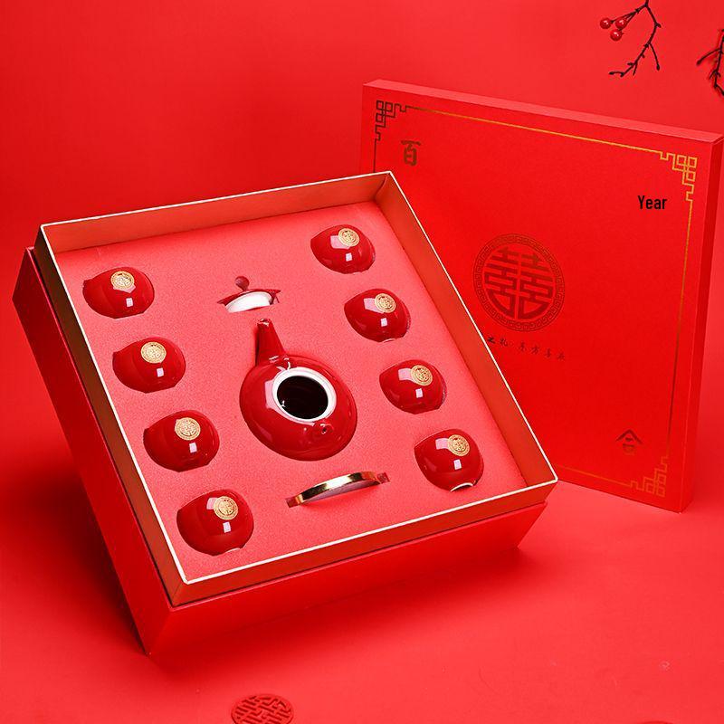 Red Chinese Wedding Tea Set: Complete Gift with Bride's Dowry Tray & Teapot