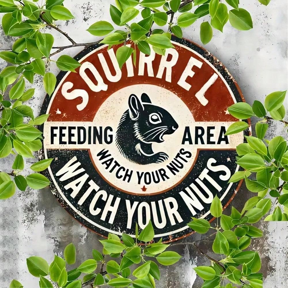 Vintage Aluminum Squirrel Feeding Sign Humorous Indoor Outdoor Garden Decor