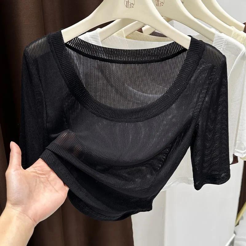 Women's U-Neck Faux Two-Piece Sheer Mesh Ribbed Crop Top