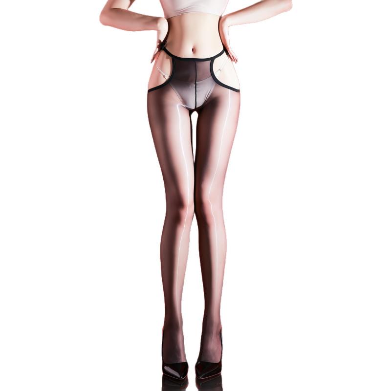 Women Sexy Tight Stockings Hollow Straps Oil Shiny Aurora Sockings Ultra-Thin Transparent Silky Smooth Open Crotch Pantyhose