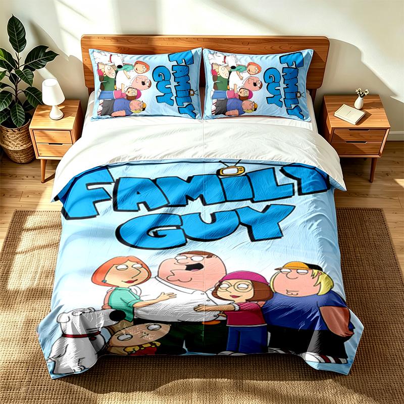 Family Guy (1) Yatak odaları için uygun 3 parçalı set, yumuşak ve rahat, aile ve arkadaşlar için ideal bir hediye. Bir nevresim takımı ve iki yastık kılıfı içerir